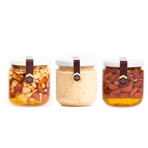 Set "Combination", "Assorted nuts" for every day, Cream honey "Coconut-almond", Honey with almonds for every day